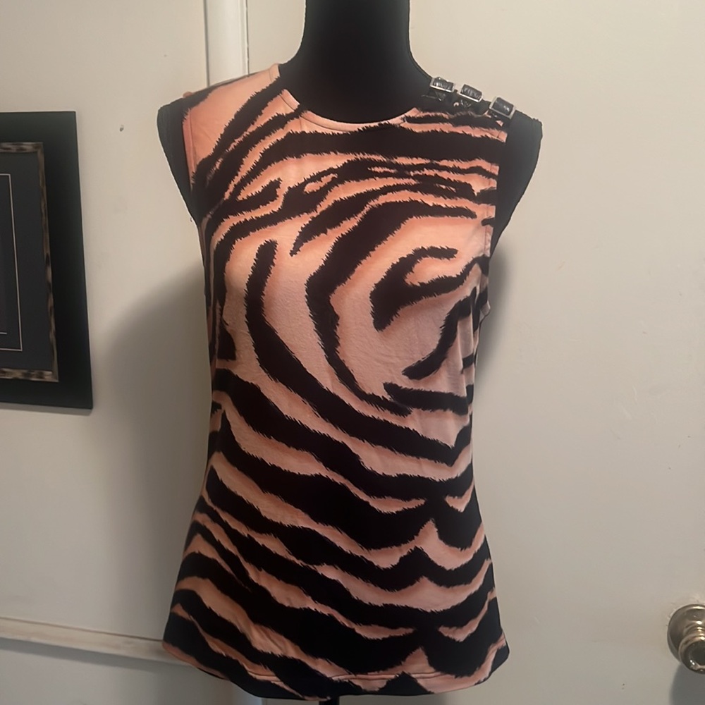 Versace leopard print top with leather buckles on left shoulder. Small. …